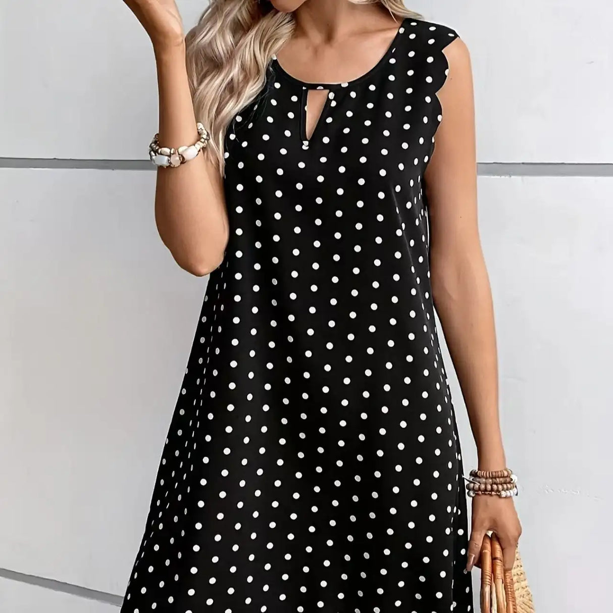 Ladies' Fashionable Casual Pullover Polka Dot Dress With Hollowed Out Collar And Round Neck Wavy Edge Skirt - Lootquake