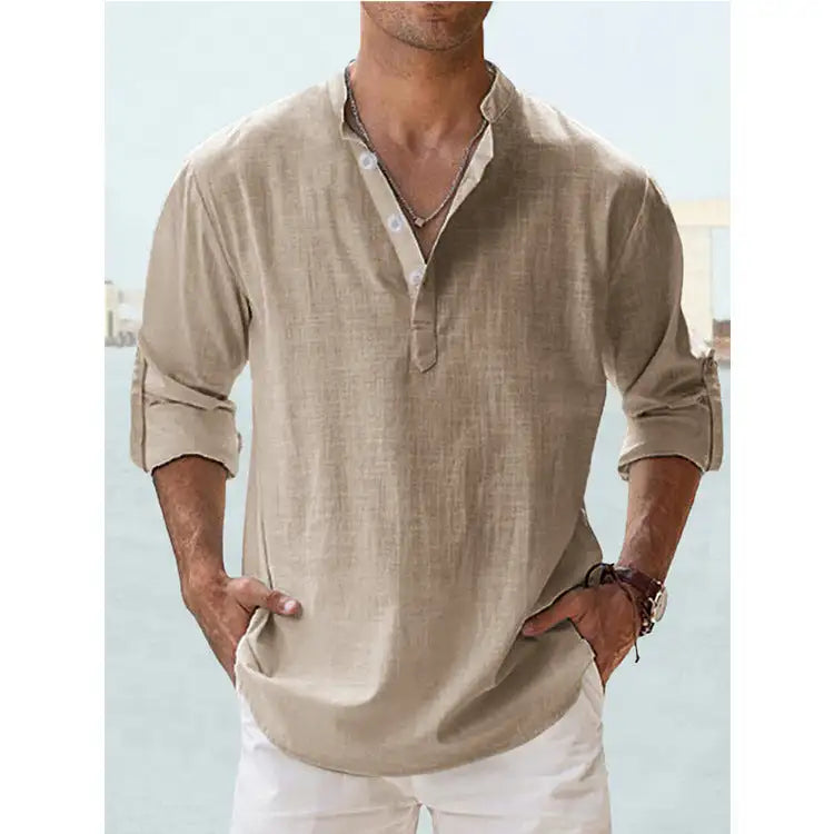 Men's Linen Stand-up Collar Long Sleeve T-shirt Loose Undershirt - Lootquake