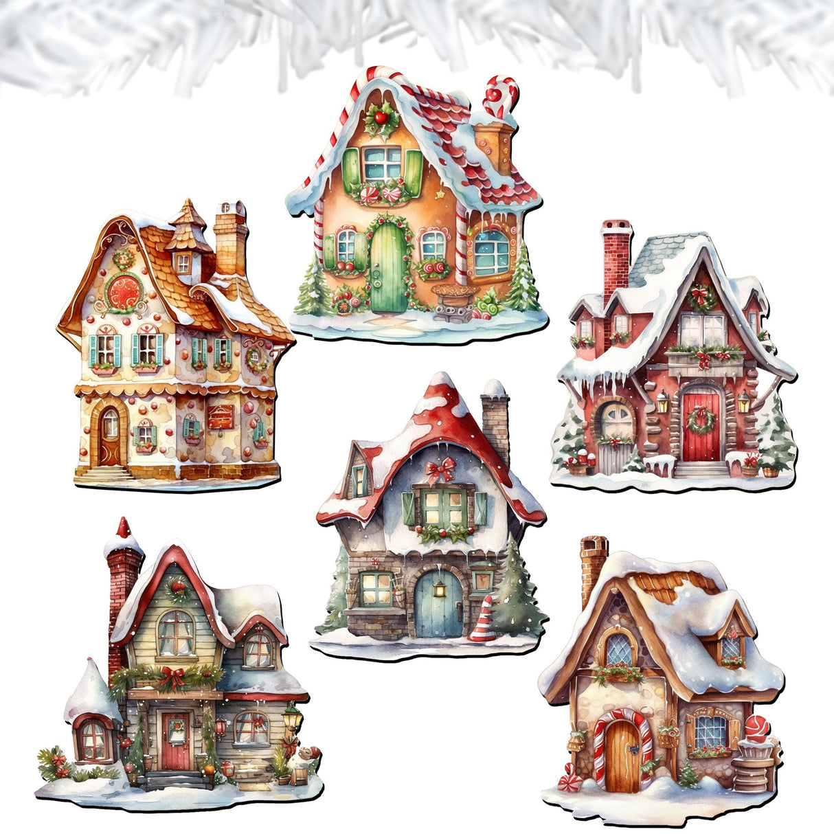 Christmas Houses Decorative Wooden Clip-on Ornaments Set of 6 by G. Debrekht - Christmas Decor - 8090024C-S6
