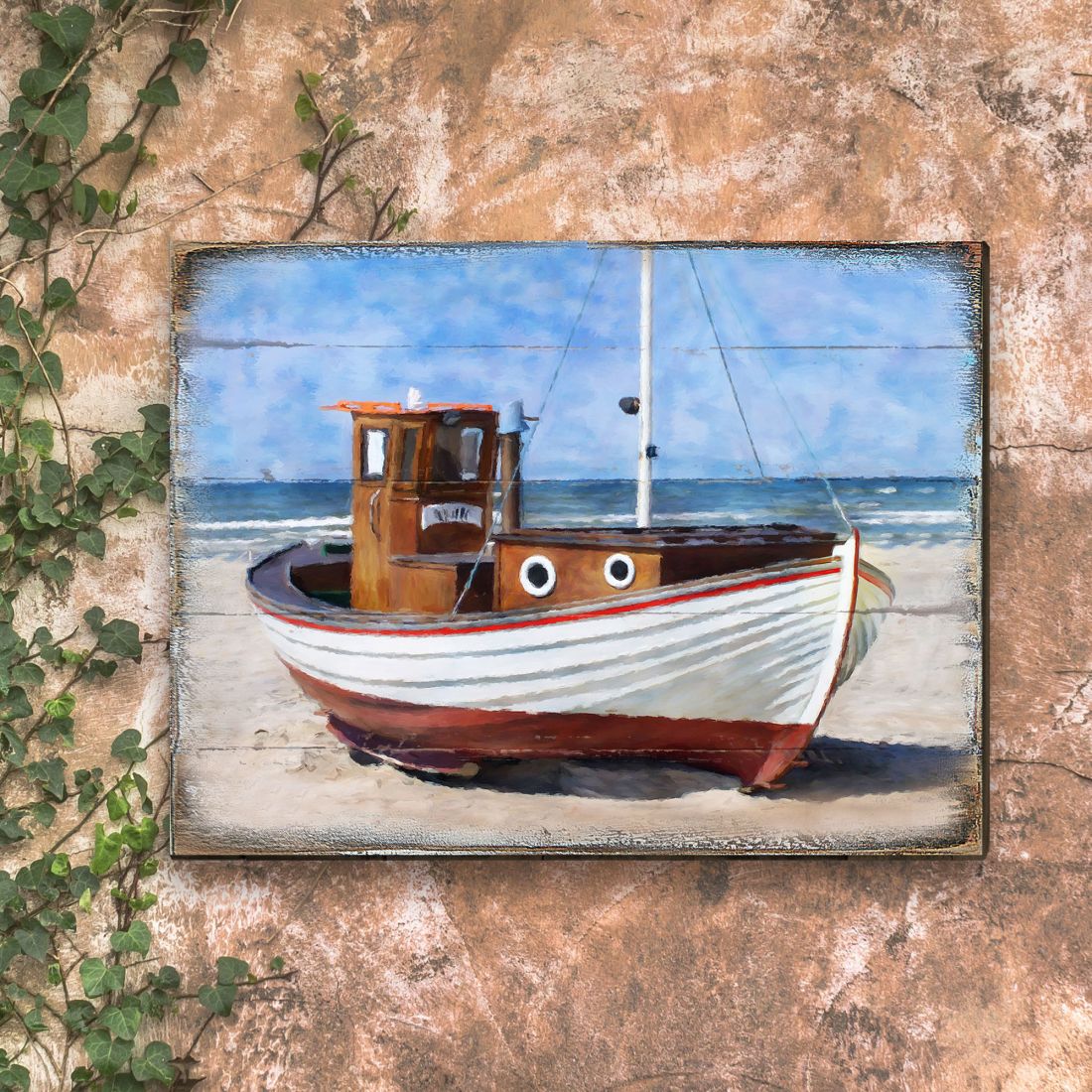 Arte mural costero de madera con vista al mar, barco varado, de Nature Wonders - Decoración costera de vida marina - 95321B