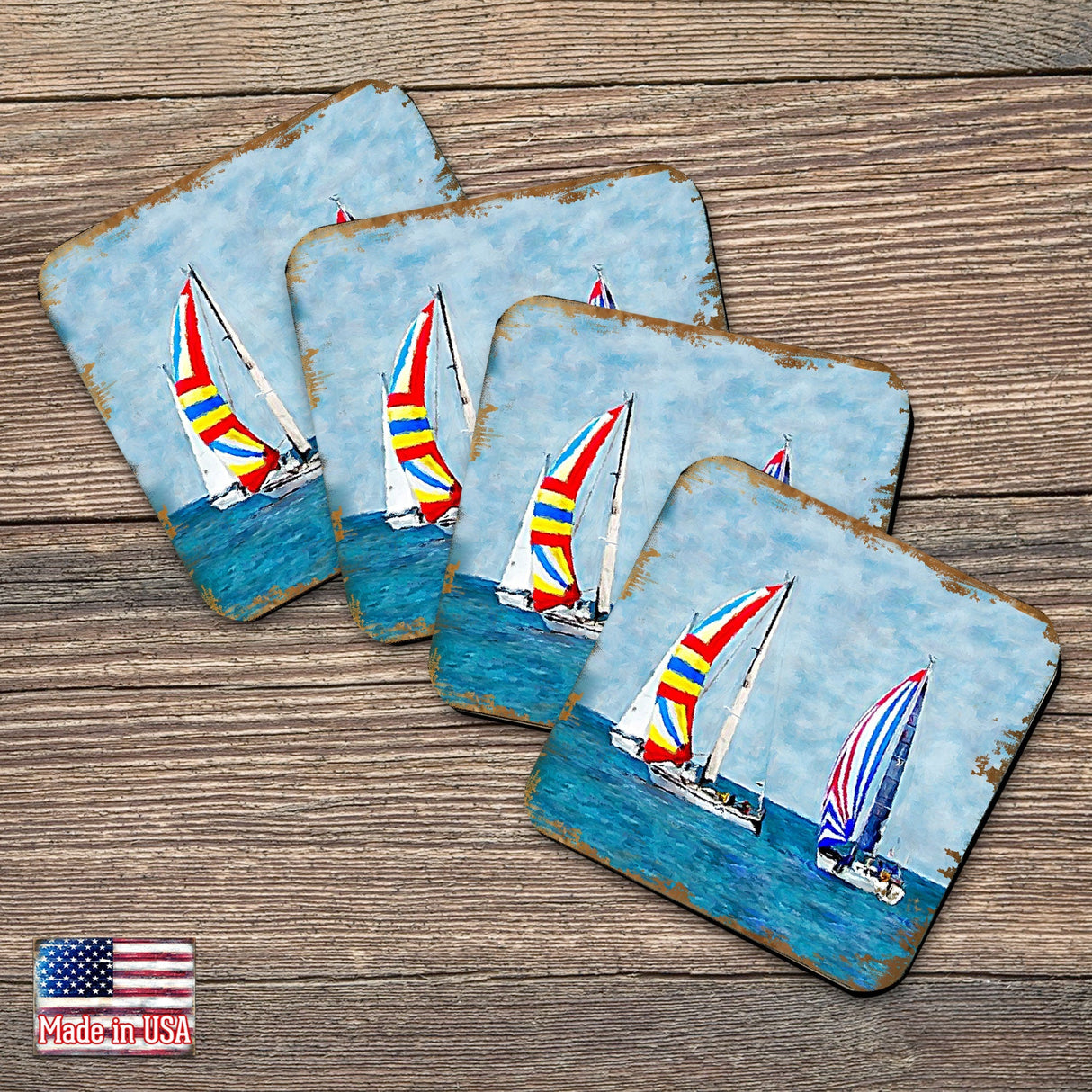 Sailboats Coastal Wooden Cork Coasters Gift Set of 4 by Nature Wonders - Coastal Sea-Life Decor - 95259C-S4