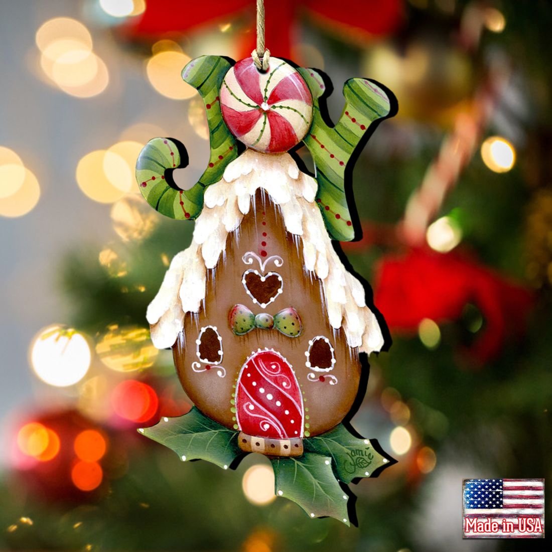 Joy Gingerbread House Wooden Ornaments by Jamie Mills-Price - Christmas Decor - 8457507
