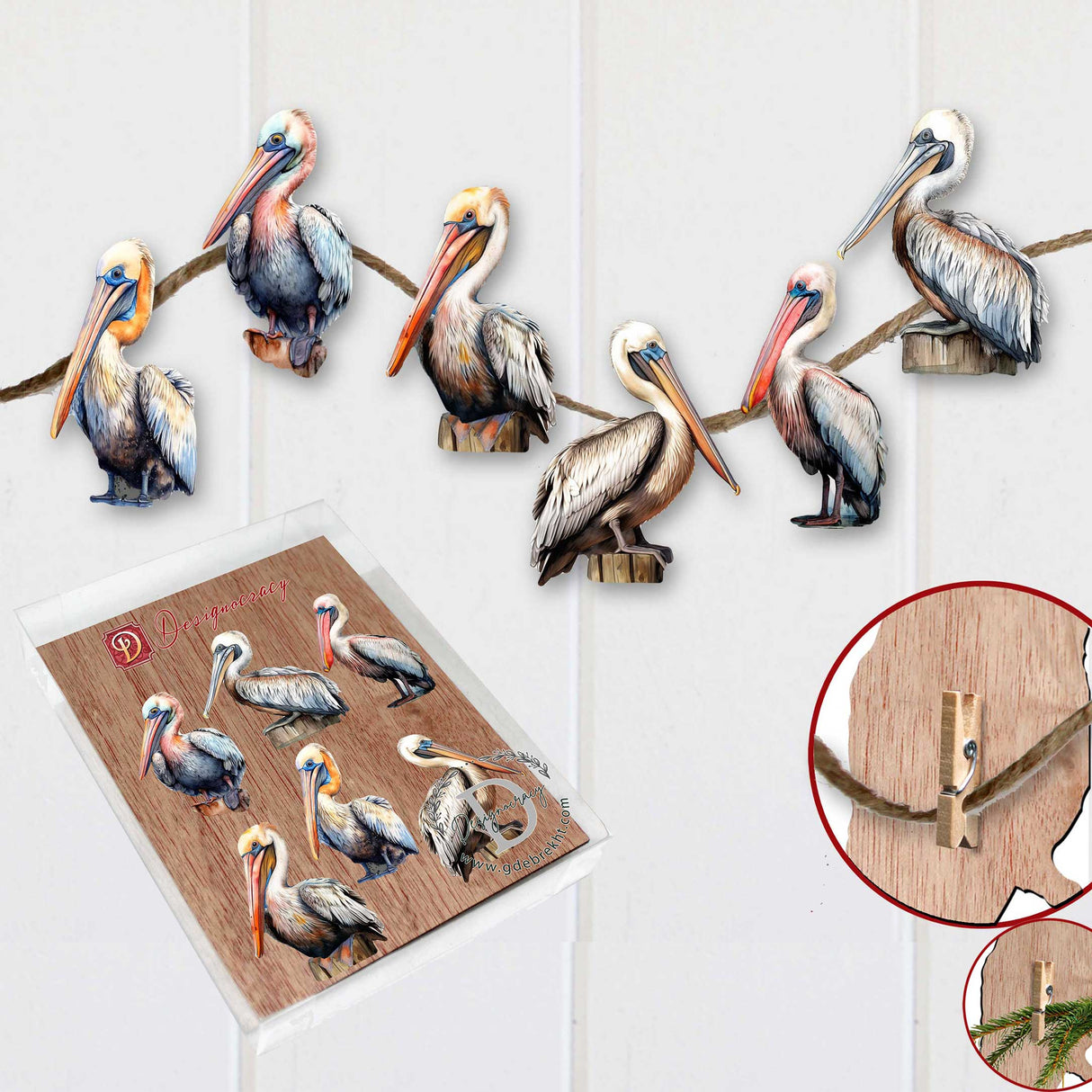 Pelicans Decorative Wooden Clip-on Ornaments of 6 by G. Debrekht - Christmas Decor - 8090014C-S6
