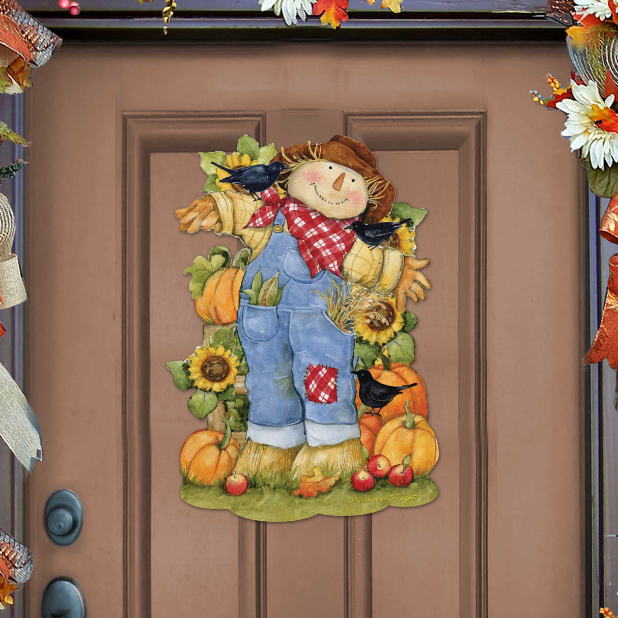 Decoración otoñal para puerta de entrada: Letrero de espantapájaros de la cosecha - Cornucopia - Regalo rústico hecho a mano, adorno otoñal de Susan Winget - 8471211H-SW