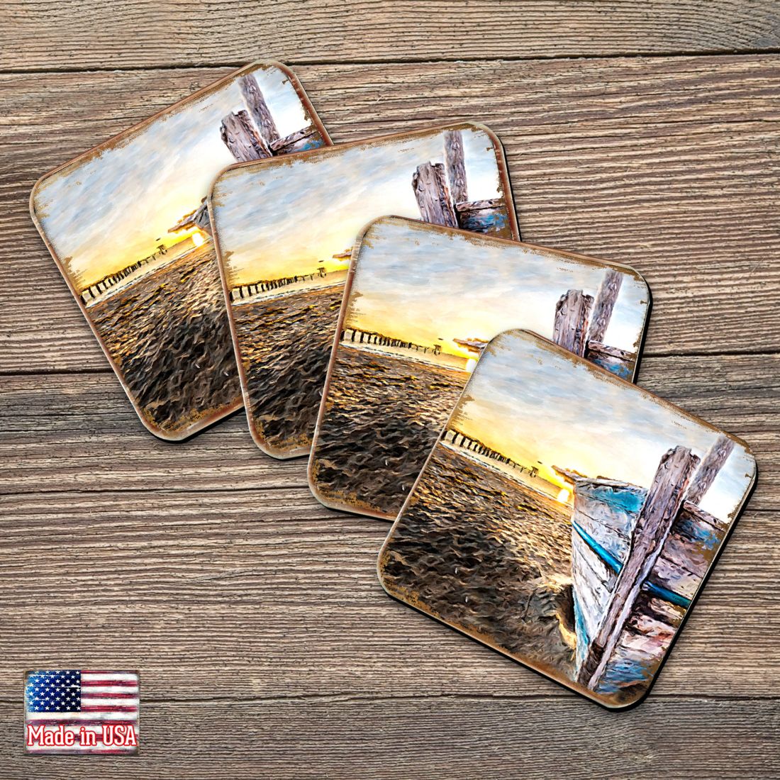 Beach Boat Coastal Wooden Cork Coasters Gift Set of 4 by Nature Wonders - Coastal Sea-Life Decor - 95271C-S4