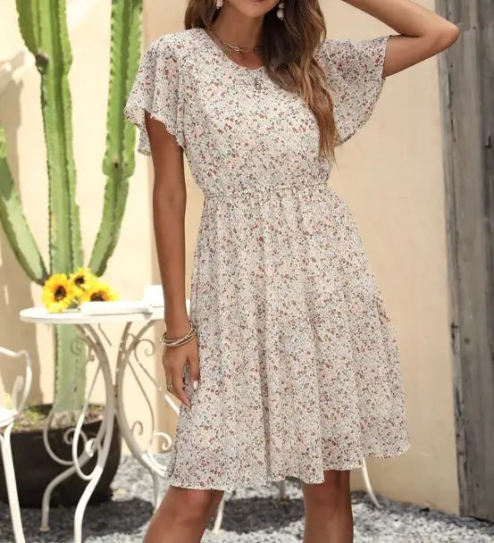 Women's V-neck European And American Floral Print Butterfly Sleeve Short Sleeved Vacation Dress - Lootquake