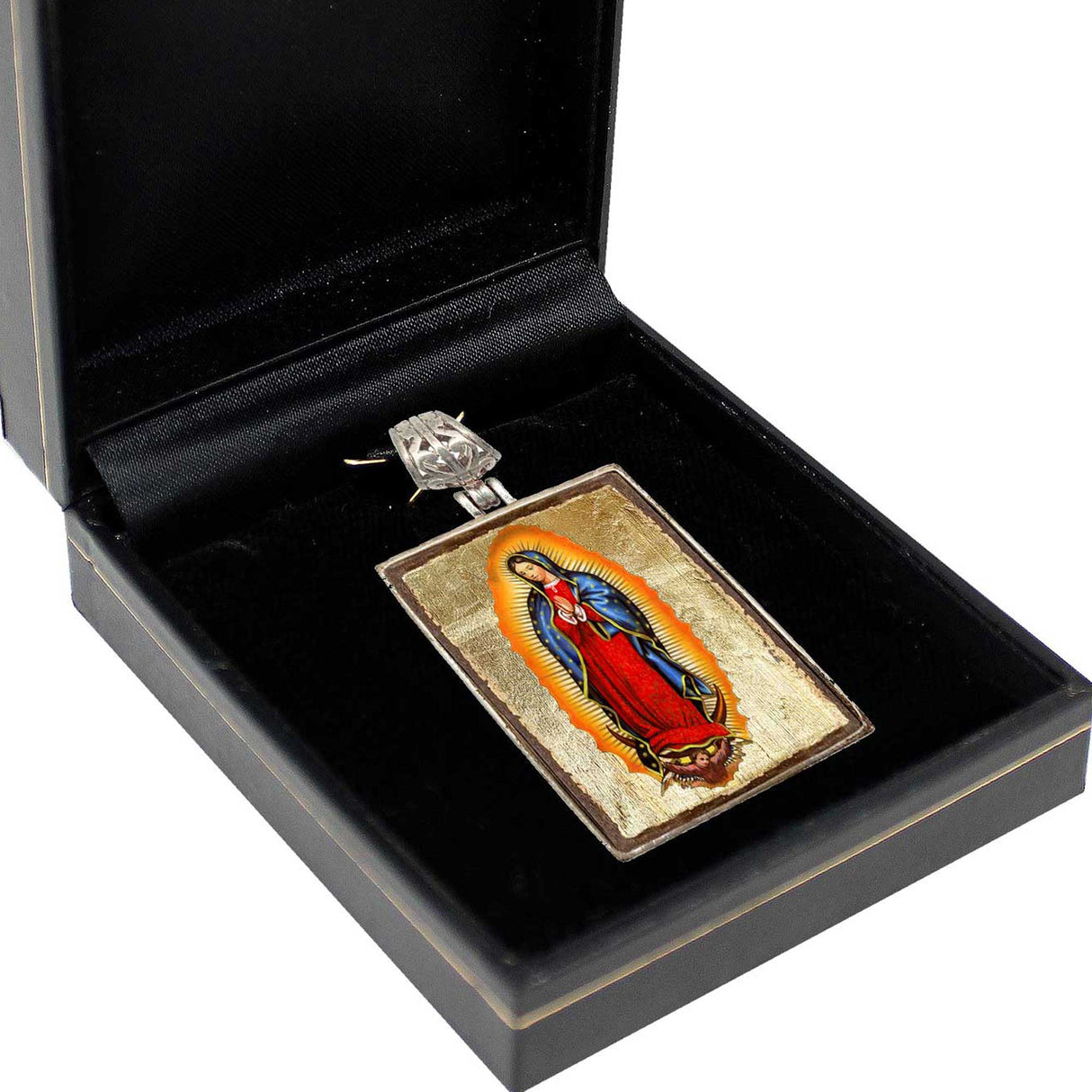 Lady of Guadalupe Religious Jewelry Silver Plated Necklace, Gold-Plated Wooden Cabochon - Catholic Sacred Icon - Inspirational Icon Decor - 43032R