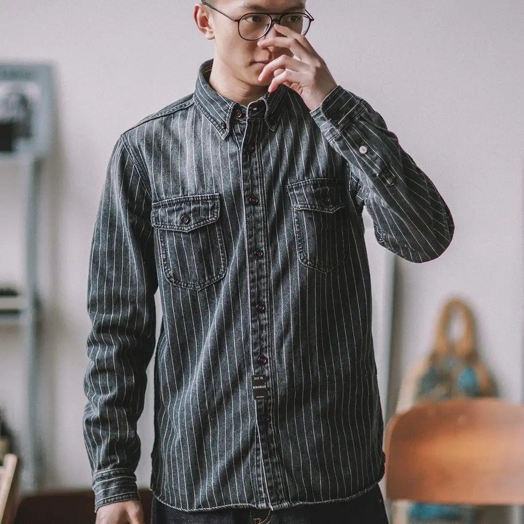 Vintage Vertical Stripes Denim Shirt Workwear Washed Old Long Sleeve Men - Lootquake