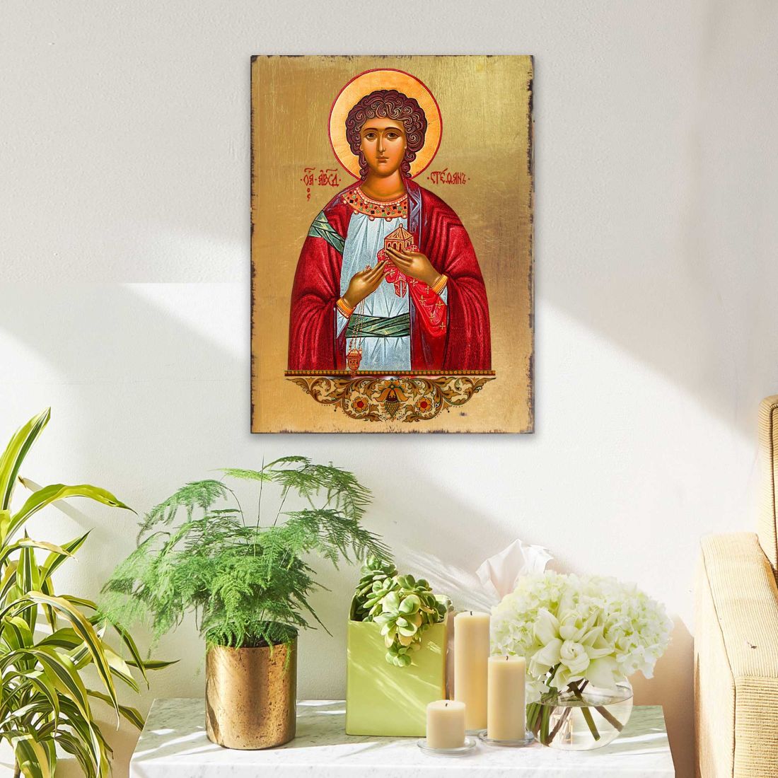Icono religioso cristiano sagrado de San Esteban de madera bañado en oro - Decoración inspiradora - 85056