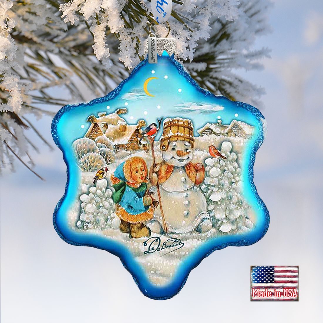 Adorno de vidrio con forma de copo de nieve para construir un muñeco de nieve por G. DeBrekht - Decoración navideña de Papá Noel - 754-005