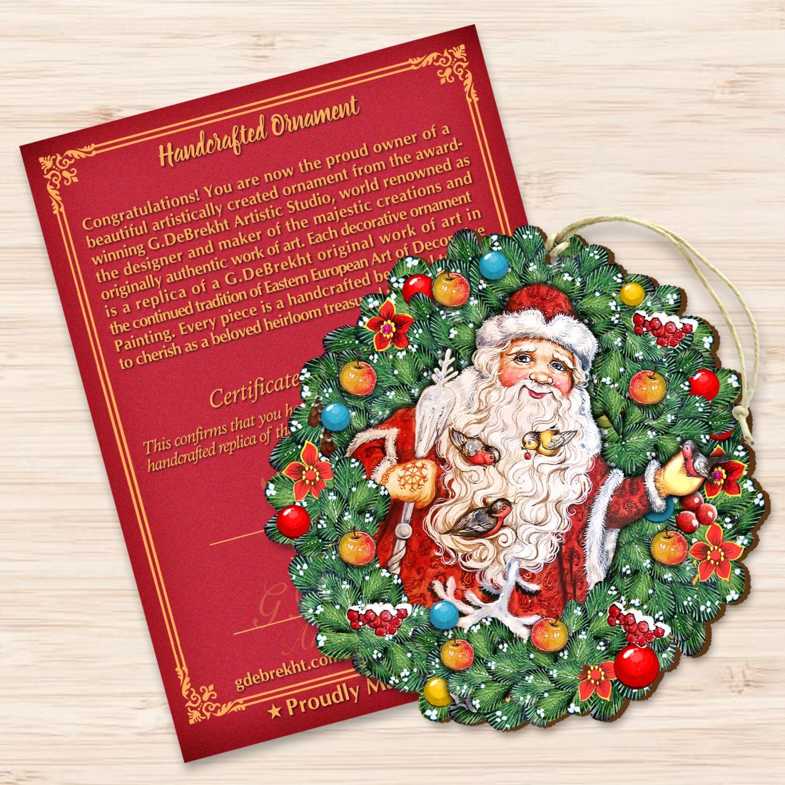 Corona de Papá Noel con pájaros, adornos de madera de G. DeBrekht - Decoración navideña de Papá Noel y muñeco de nieve - 8185320