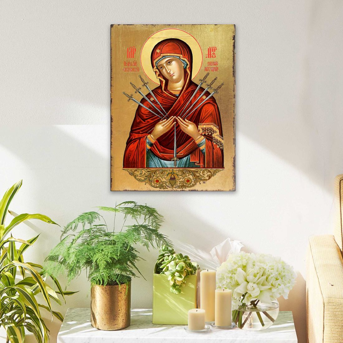 Icono religioso cristiano sagrado de madera bañado en oro de la Virgen María de las Siete Espadas - Decoración inspiradora - 85037