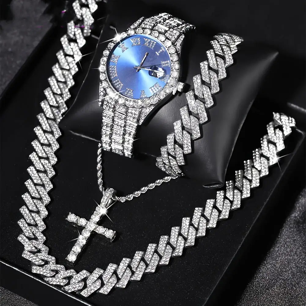 Diamond Luxury Steel Belt Quartz Watch Cuban Bracelet - Lootquake