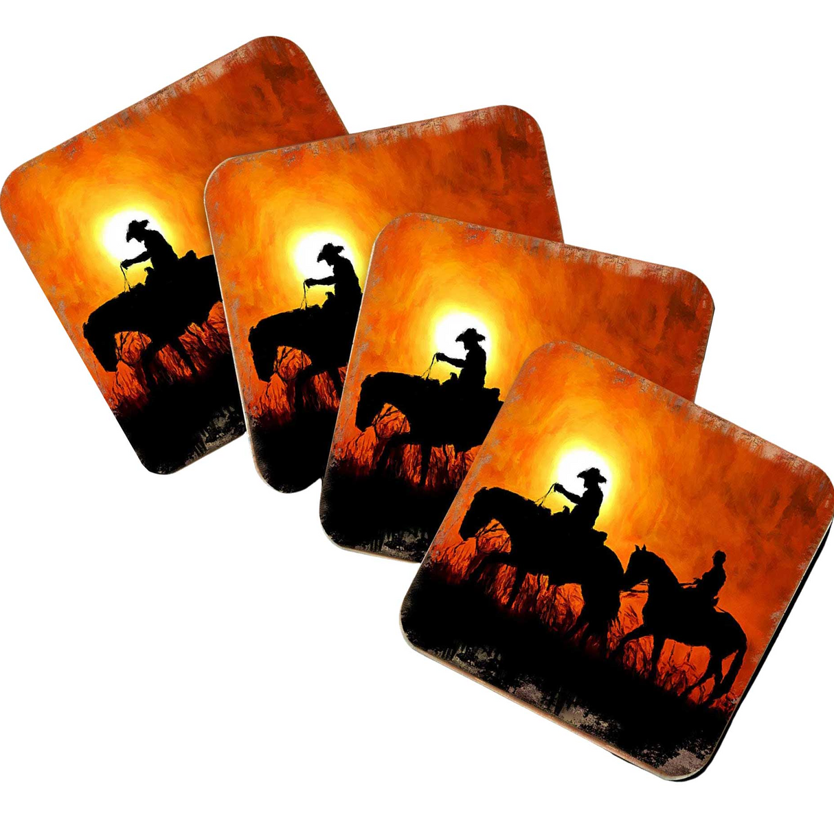 Cowboy Sunset Ride Wooden Cork Coasters Gift Set of 4 by Nature Wonders - Nature Wildlife Decor - 95230C-S4
