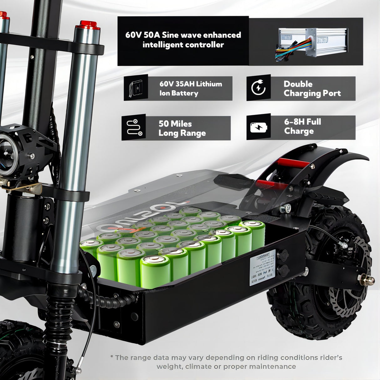 Trottinette électrique avec siège, double moteur 6000 W, vitesse maximale 80 km/h, batterie 60 V 35 Ah, autonomie de 80 km, pneus tout-terrain 11 pouces pour les déplacements urbains et les sorties tout-terrain.