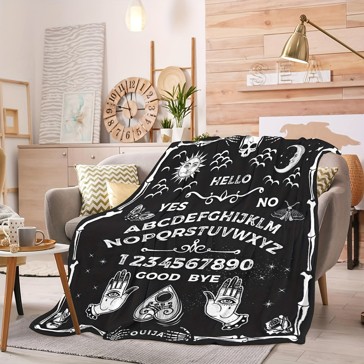 1pc Halloween Blanket Black Gothic Spooky Goth Palmistry Witchy Boho Sun Moon Star Horror Skull Cool Mysterious Throw Blanket For Living Room & Bedroom, Home Decor, Travel