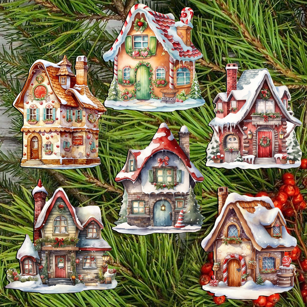 Christmas Houses Decorative Wooden Clip-on Ornaments Set of 6 by G. Debrekht - Christmas Decor - 8090024C-S6