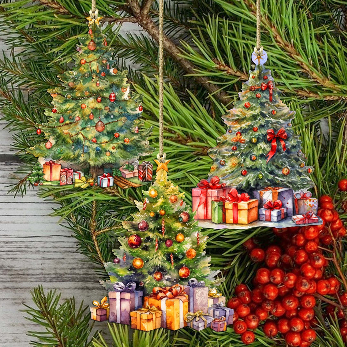 Christmas Tree Decorative Wooden Ornaments Set of 3 by G. Debrekht - Christmas Decor - 8091044-S3