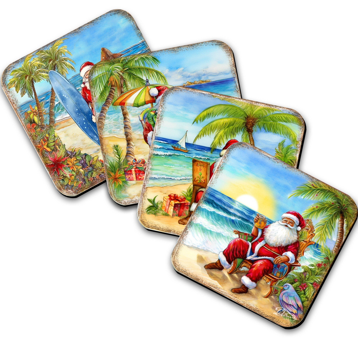 Juego de 4 posavasos de corcho de madera "Santa en la playa" de G. Debrekht - Decoración navideña de Santa - 8199441C-S4
