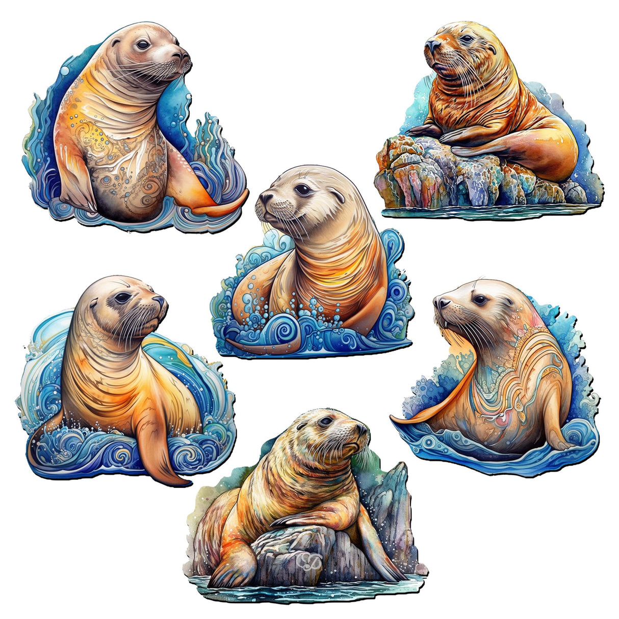 Coastal Sea Lions Decorative Wooden Clip-on Ornaments Set of 6 by G. Debrekht - Wildlife Decor - 8090127C-S6