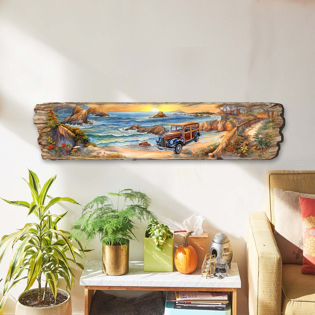 Arte mural de madera con coche retro en la playa de G. DeBrekht Coastal Decor - 8491114W