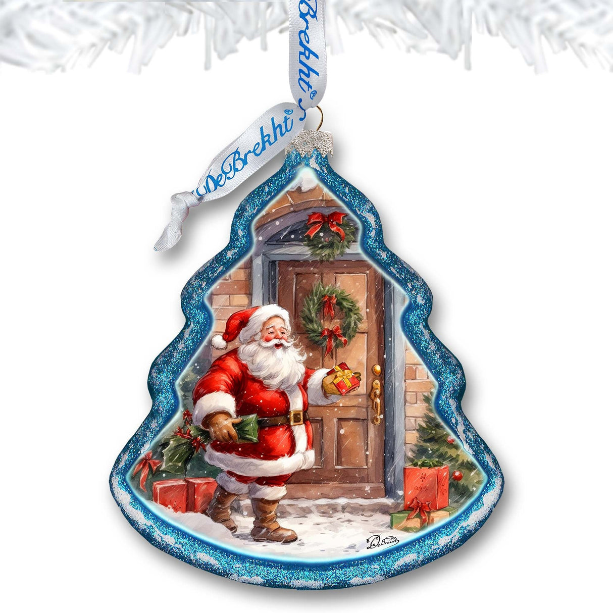 Adorno de vidrio para árbol de Navidad con Papá Noel llamando a la puerta, de G. Debrekht - Decoración navideña con muñeco de nieve de Papá Noel - 762-030