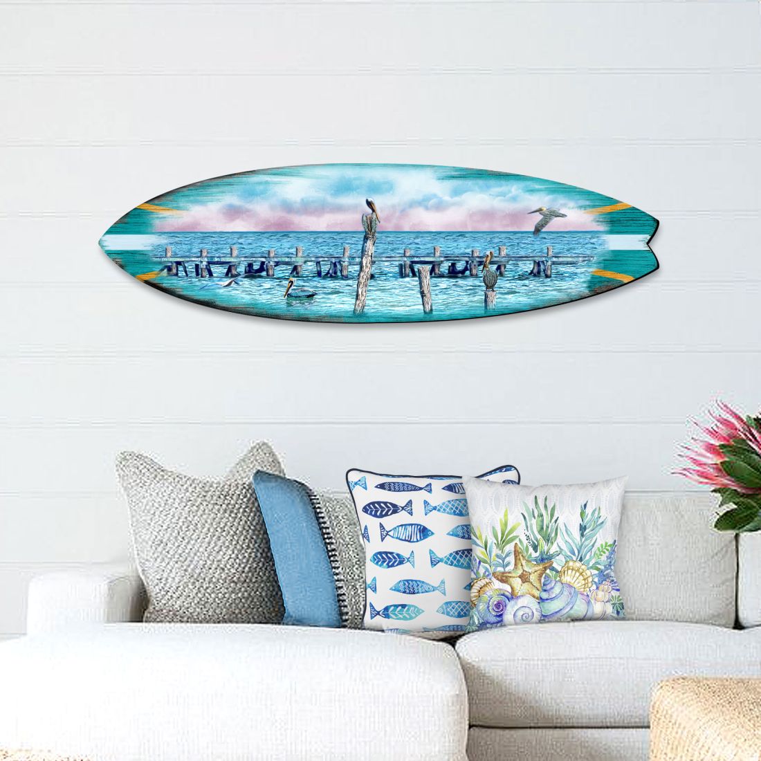 Arte costero para puerta con aves marinas, pelícanos y tabla de surf de G. DeBrekht - Decoración costera de vida marina - 8490106HS