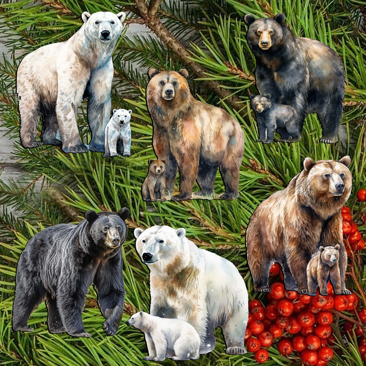 Bear Adventures Decorative Wooden Clip-on Ornaments Set of 6 by G. Debrekht - Wildlife Decor - 8090105C-S6