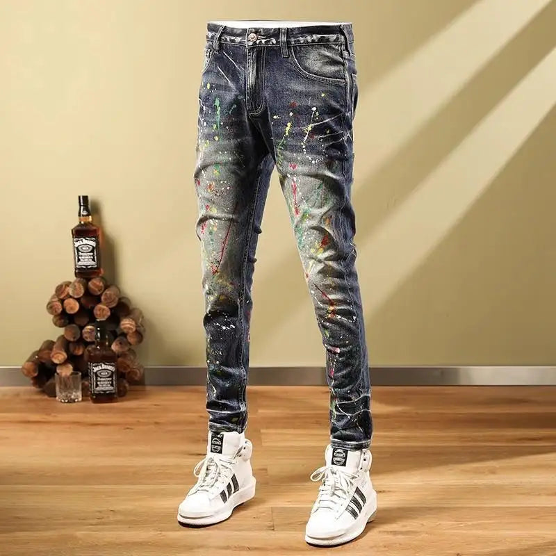 Personalized Fashion Jeans Men's Casual Slim Fit Skinny Retro Splash-ink Paint Trousers - Lootquake