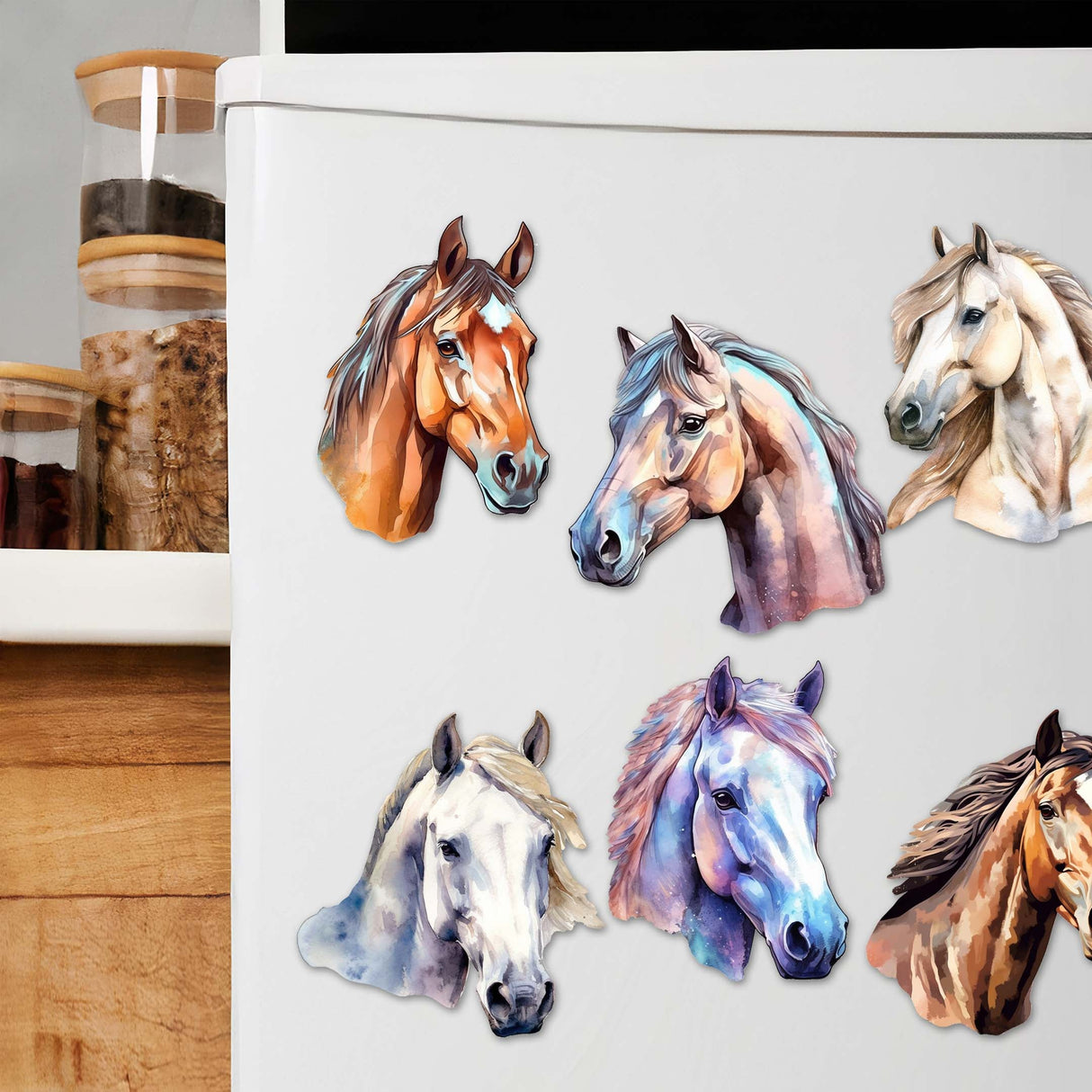Juego de 6 imanes decorativos de madera con caballos de G. Debrekht - Decoración de vida silvestre - 8090039G-S6