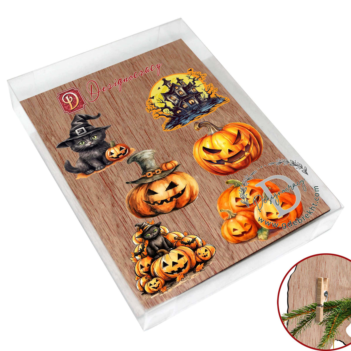 Calabazas espeluznantes, adornos decorativos de madera con clip (6 unidades), de G. Debrekht - Decoración de Halloween - 8090019C-S6