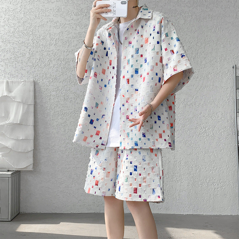 Summer New Chessboard Plaid Shirt Short Sleeve Shorts Suit - Lootquake