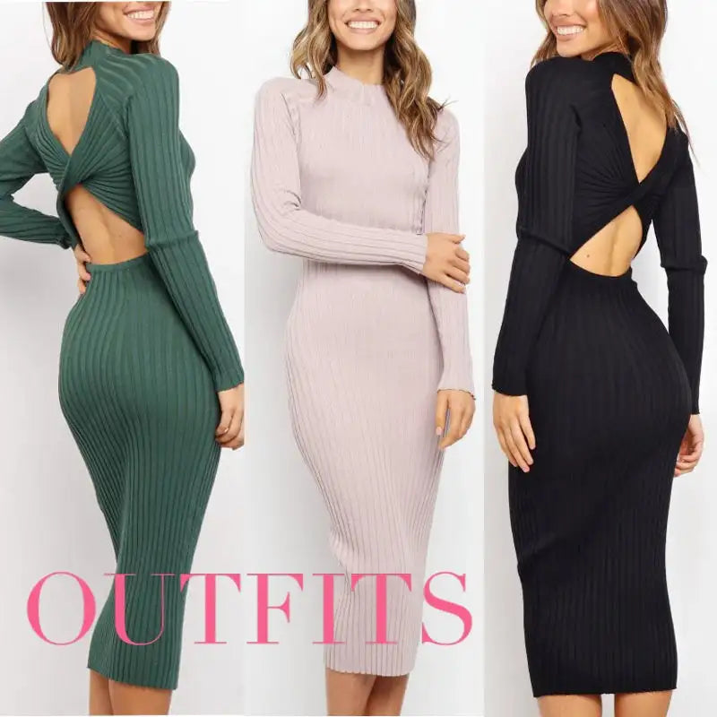 New Style Women's Suits Sweater Dresses Women's Solid Color Backless Bow Tight Dresses - Lootquake