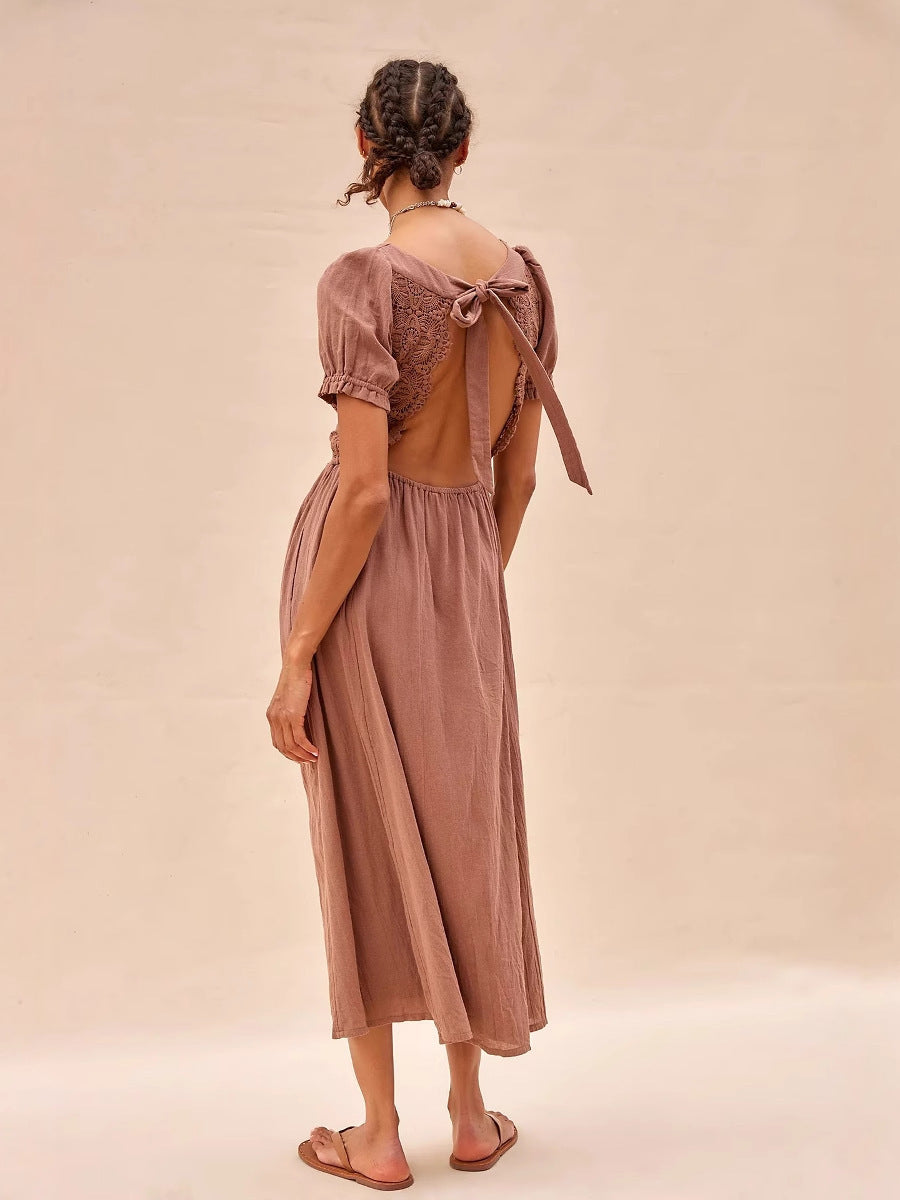 Vestido de algodón puro de manga corta con encaje y escote en V