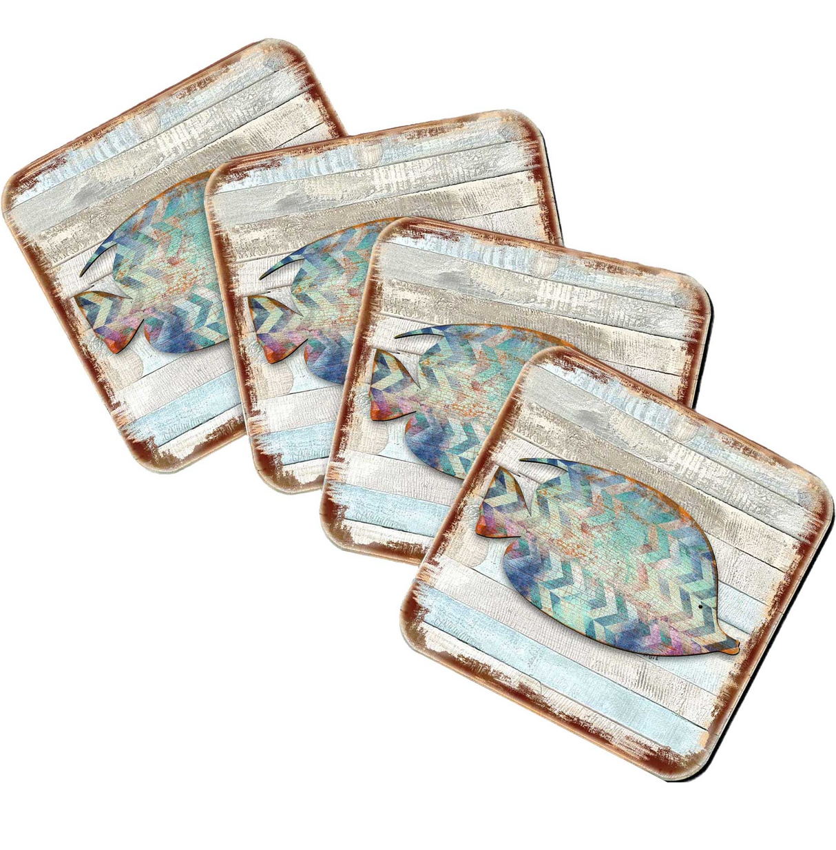 Juego de 4 posavasos de corcho de madera con diseño de peces tropicales de Nature Wonders - Decoración costera de vida marina - 8198527-2-9C-S4
