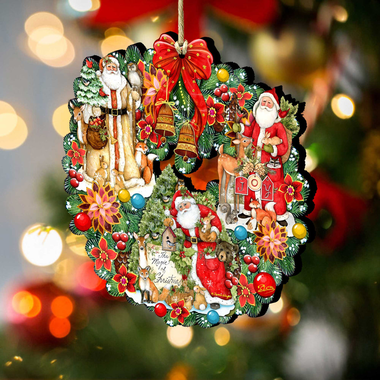 Classic Christmas Santa Wreath Wooden Ornaments by G. Debrekht and Susan Winget - Tree Ornament with Santa and Snowman Decor - 8185307-7-SW