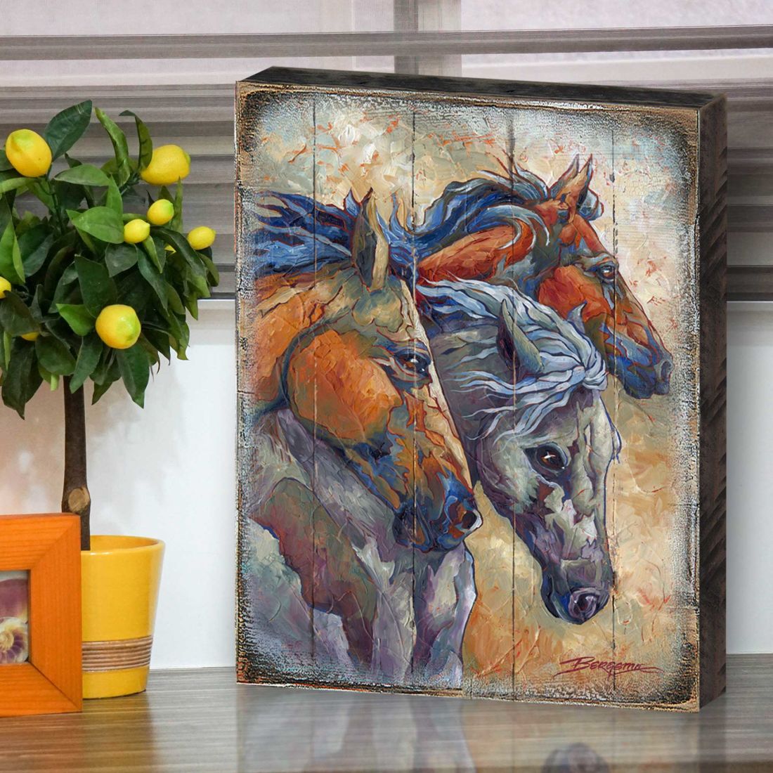 Let Them Run Horse Heads Wooden Wall Art by J. Bergsma - Nature Wildlife Decor - 8592259B-JB