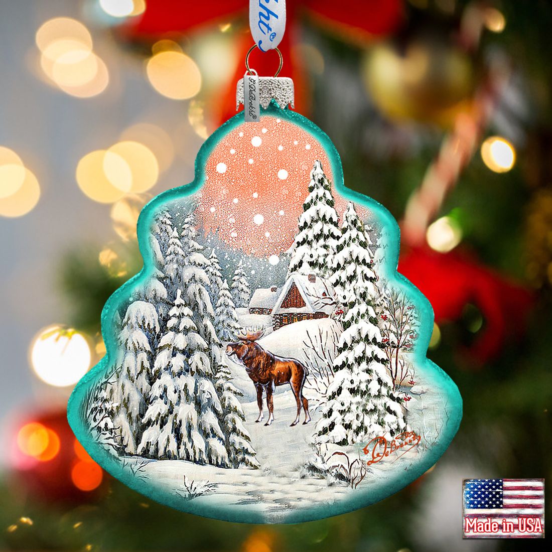 Winter Village with Moose Tree Glass Ornament by G. DeBrekht - Christmas Decor - 762-021