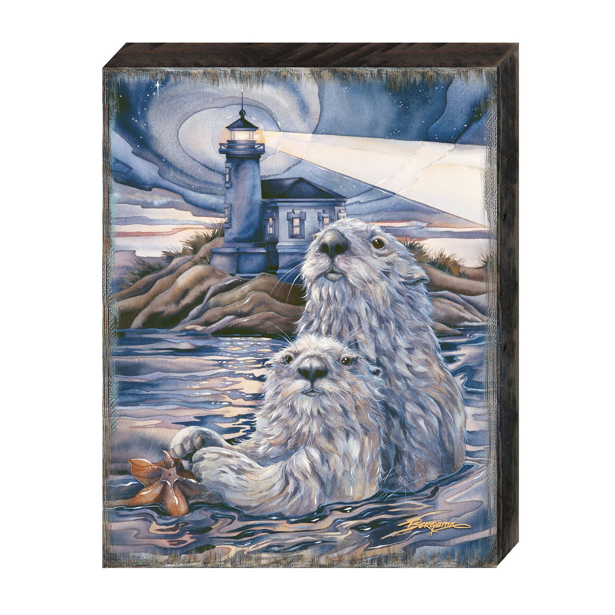 Starlight Otter Lighthouse Wooden Wall Art by J. Bergsma - Nature Wildlife Décor - 85922572B-JB