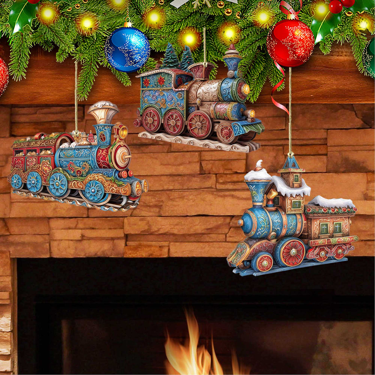 Christmas Train Wooden Ornaments Set of 3 by G. Debrekht - Christmas Decor - 8100198S3