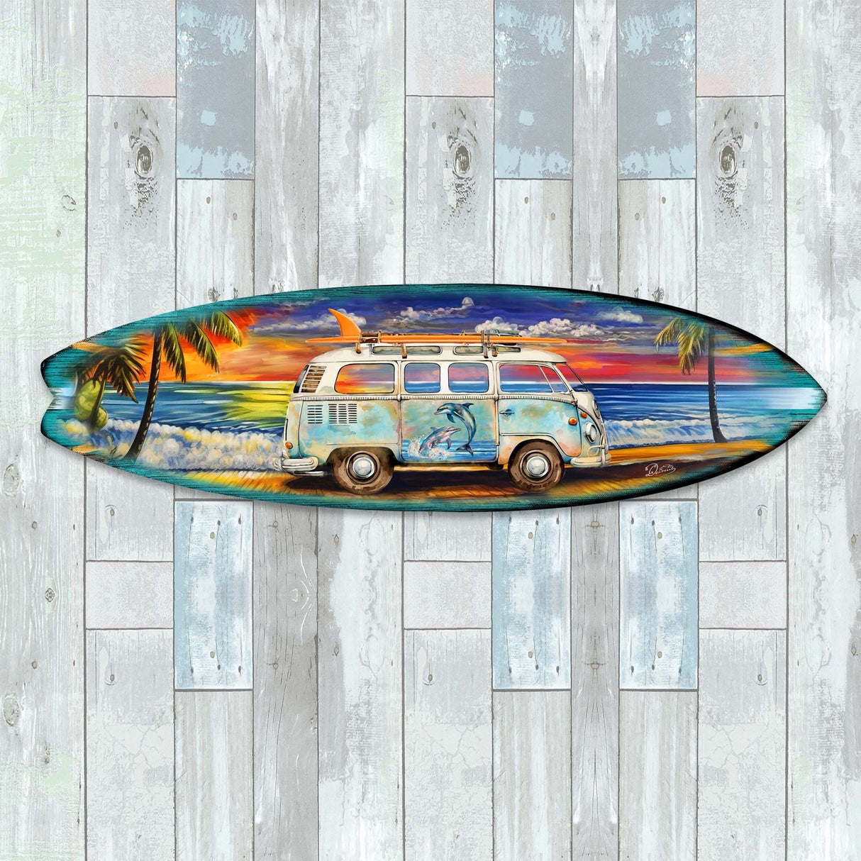 Surf Van en la playa, tabla de surf, arte mural costero de G. DeBrekht - Decoración navideña costera - 8490120-2HS
