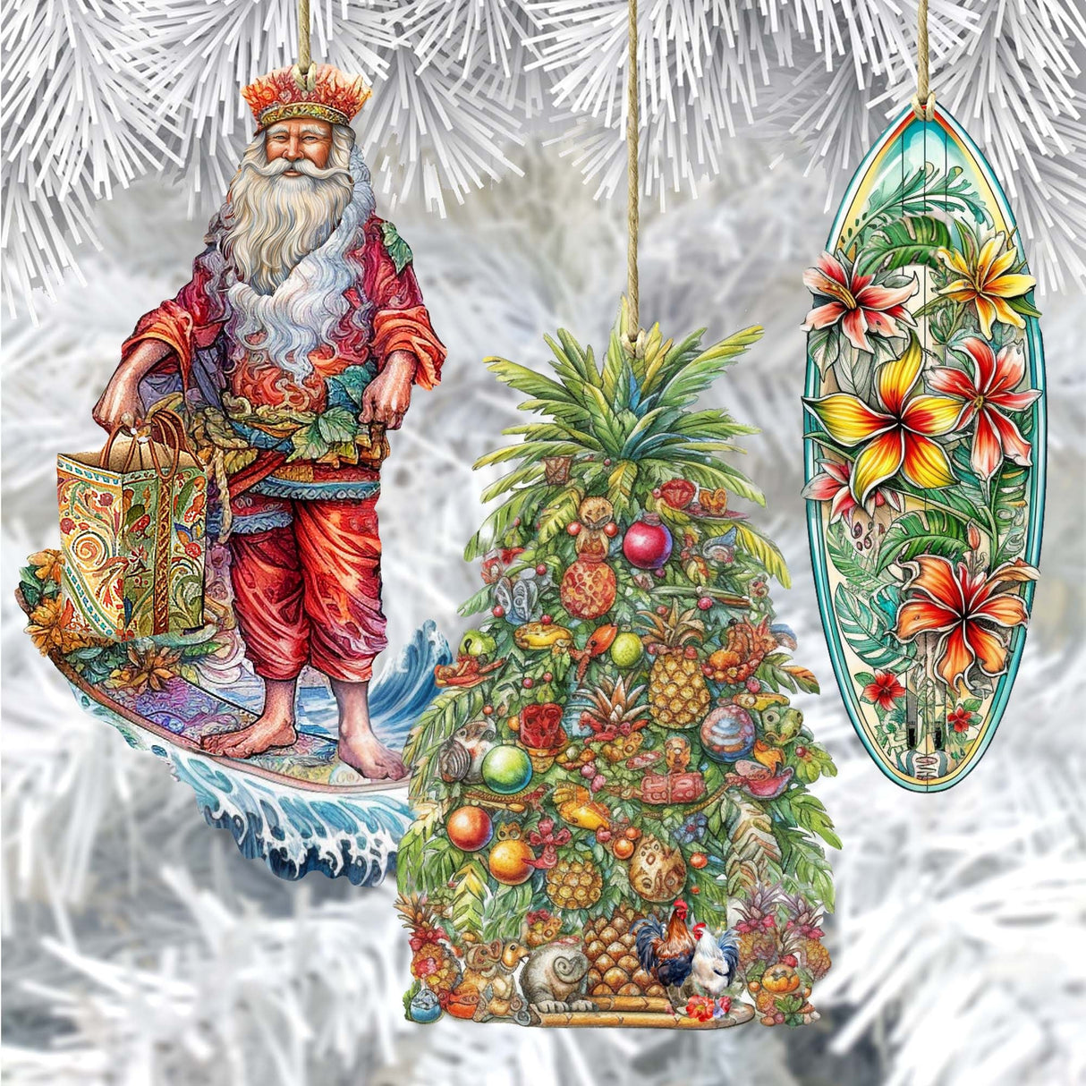 Santas Around the World - Hawaiian Inspired Santa - Wooden Ornaments Set of 3 by G. DeBrekht Christmas Santa Snowman Decor - 8091313S3