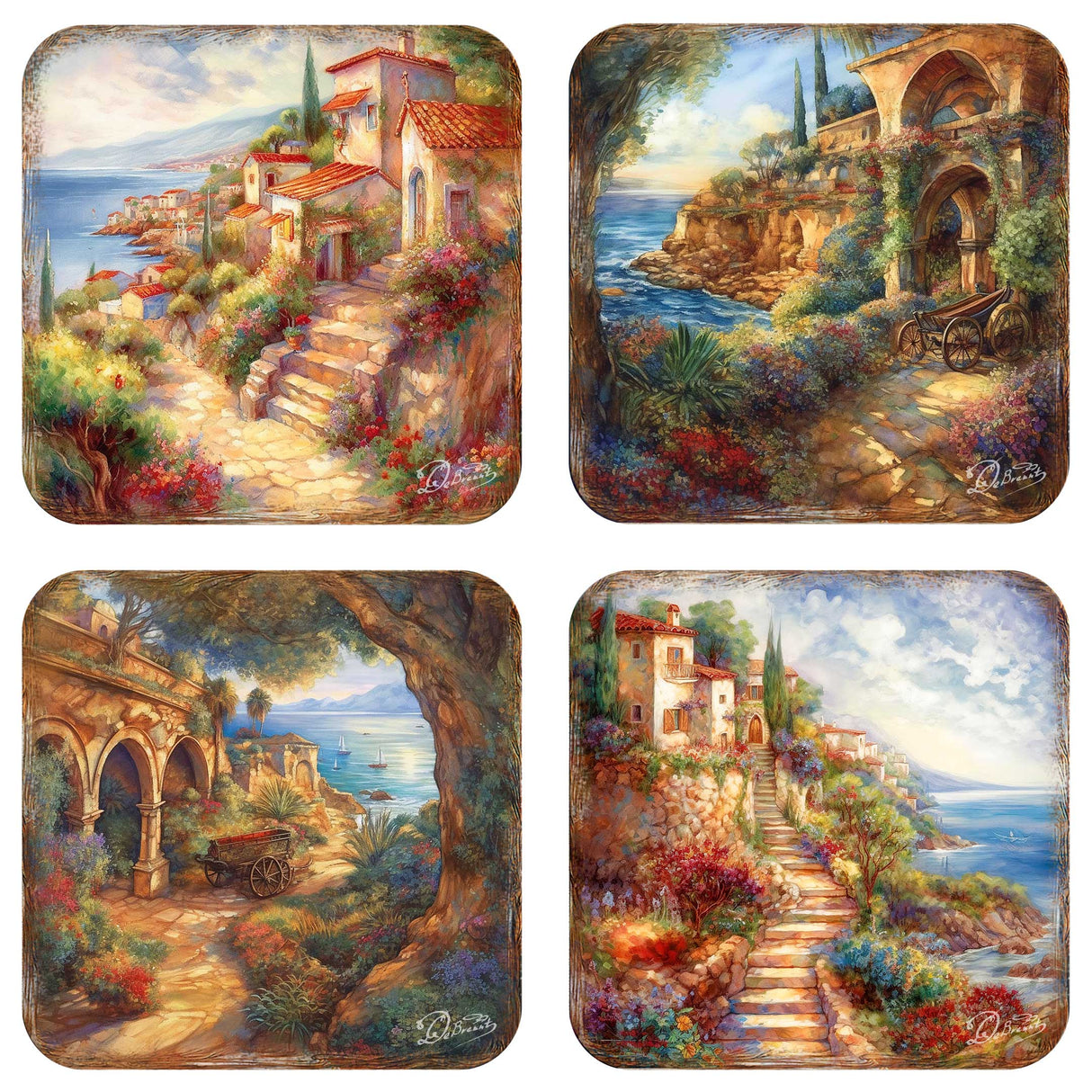 Mediterranean Sea-side Wooden Cork Coasters Gift Set of 4 by G. Debrekht - Coastal Holiday Decor - 8199475C-S4