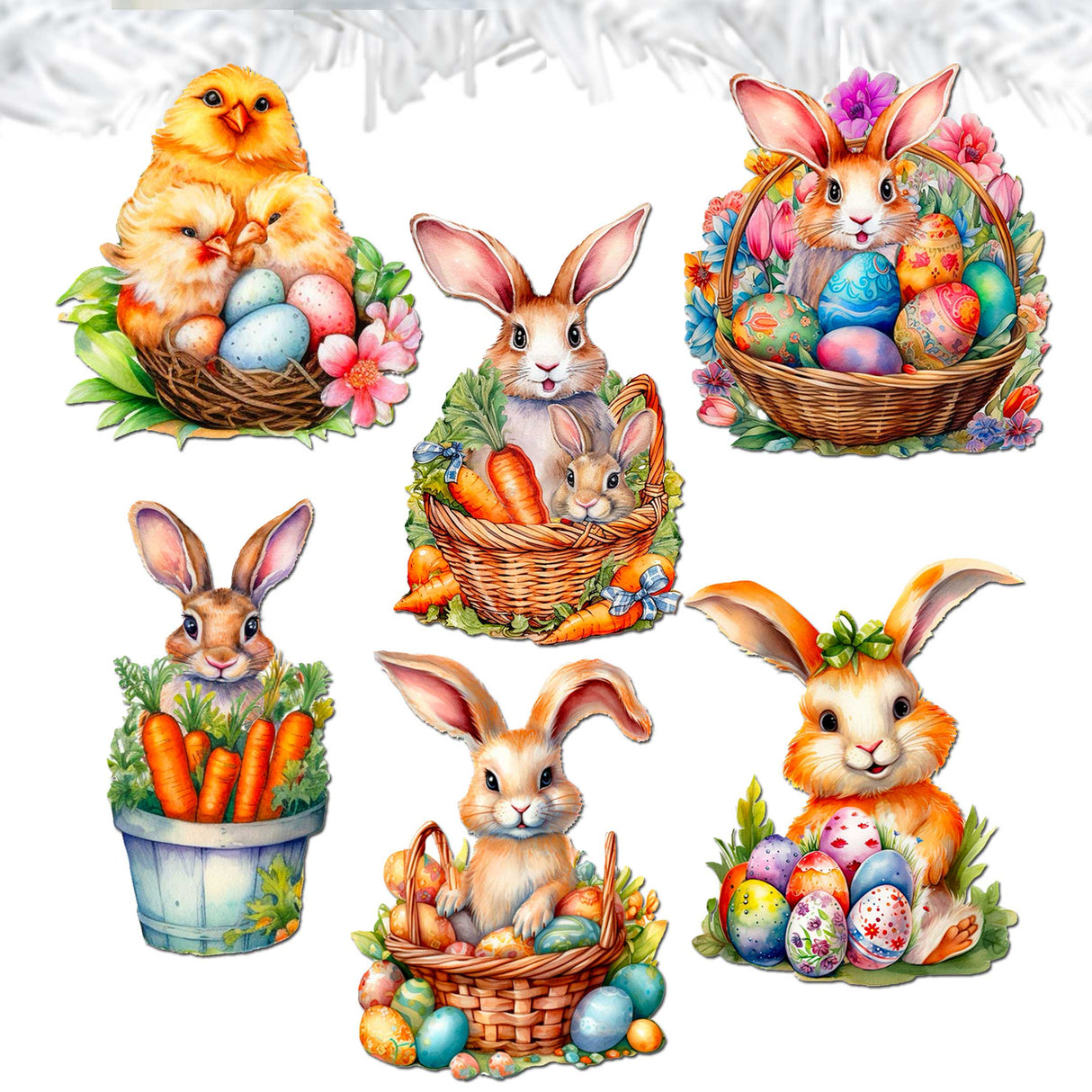 Eggs and Bunnies Decorative Wooden Clip-on Ornaments Set of 6 by G. Debrekht - Easter Decor - 8090057C-S6