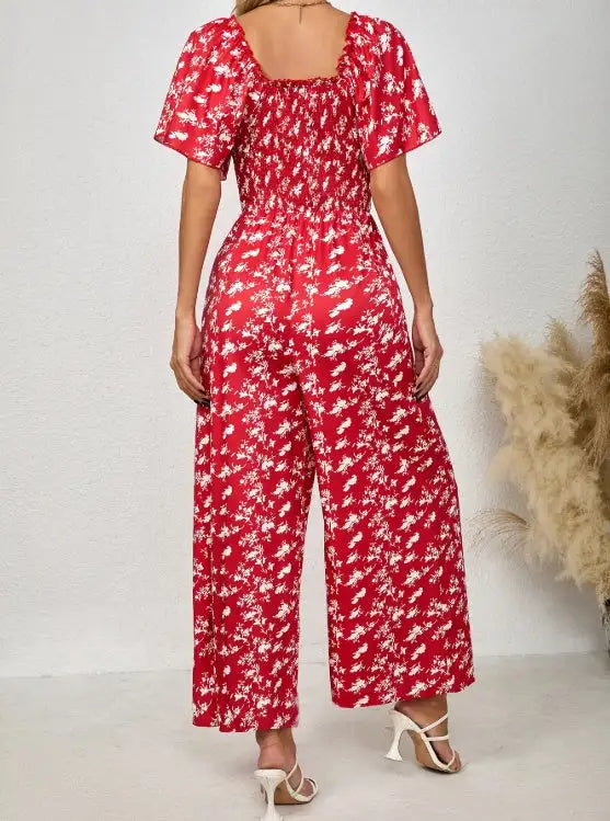 Ladies' Printed Square Neck Fashionable Loose Vacation Style Jumpsuit - Lootquake