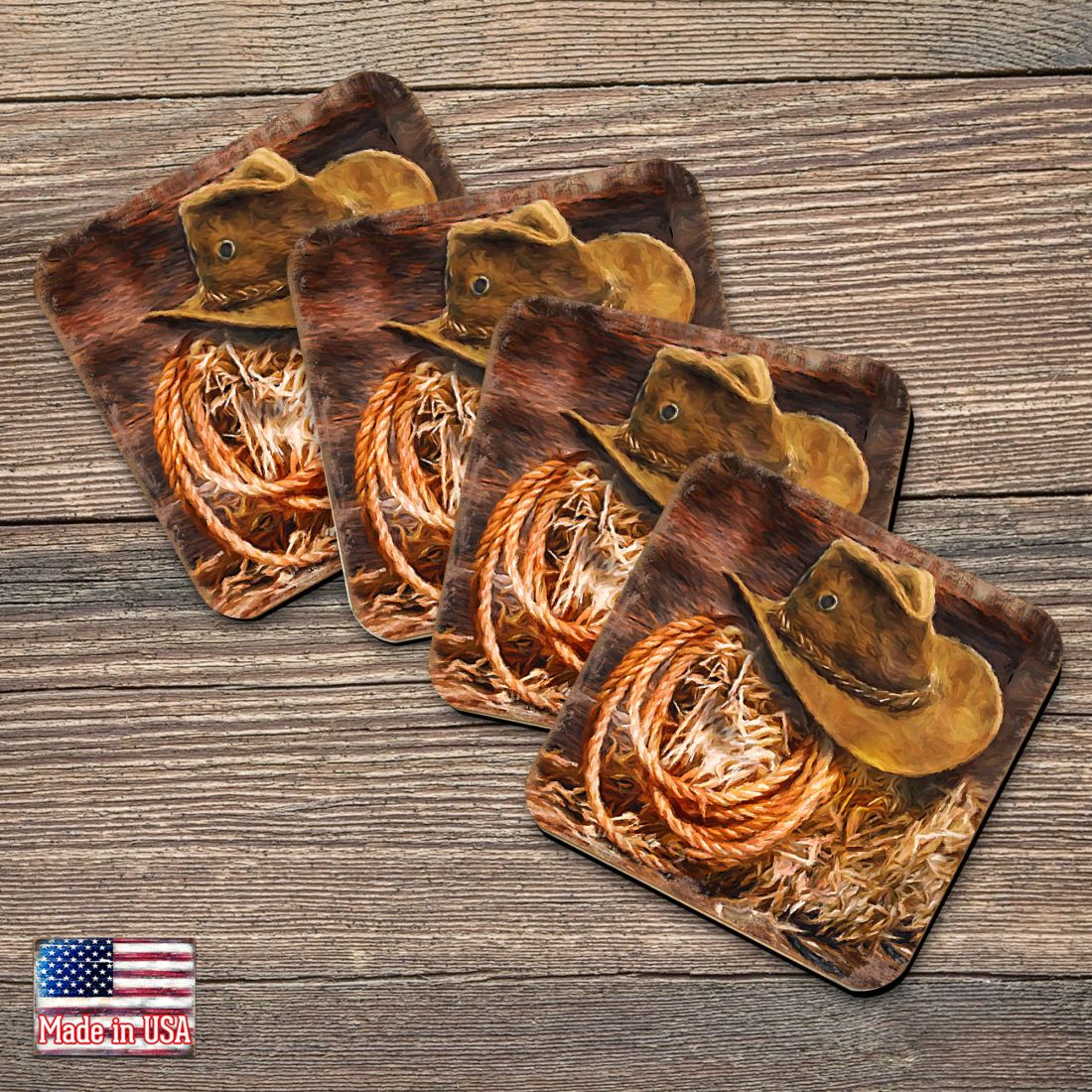 Cowboy Hat Wooden Cork Coasters Gift Set of 4 by Nature Wonders - Nature Wildlife Decor - 95233C-S4