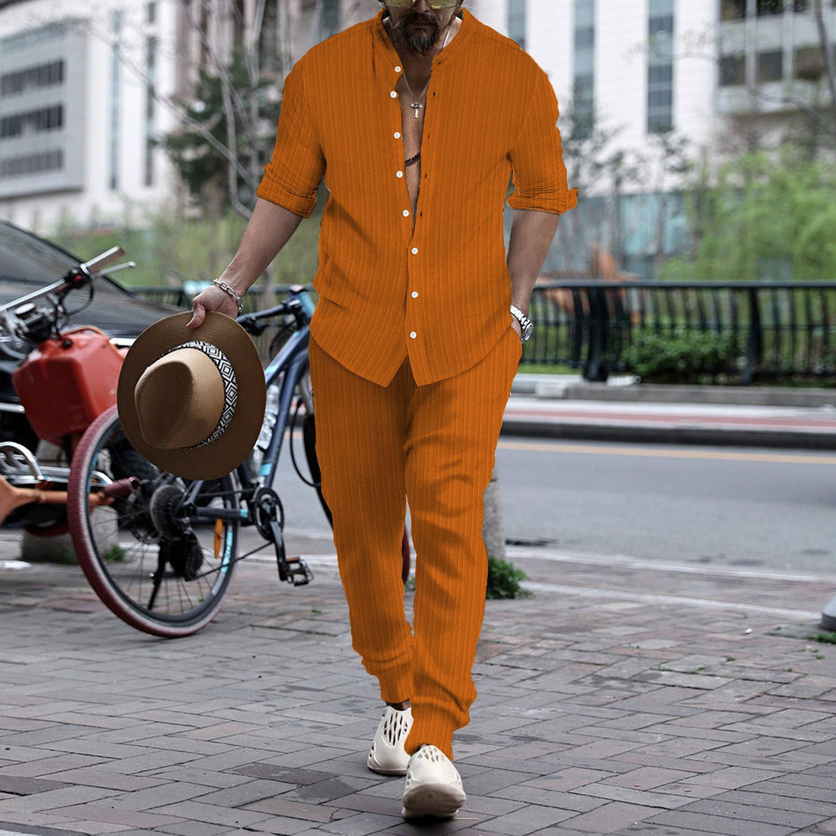 Men's Striped Hengli Collar Shirt Trousers - Lootquake