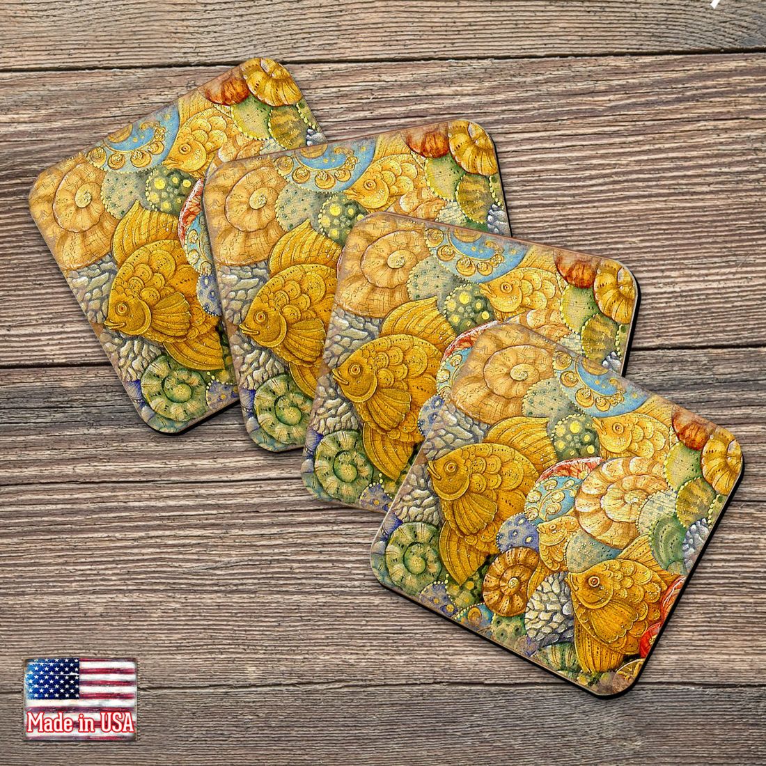 Fish Coastal Art Wooden Cork Coasters Gift Set of 4 by Nature Wonders - Nature Wildlife Decor - 95018C-S4