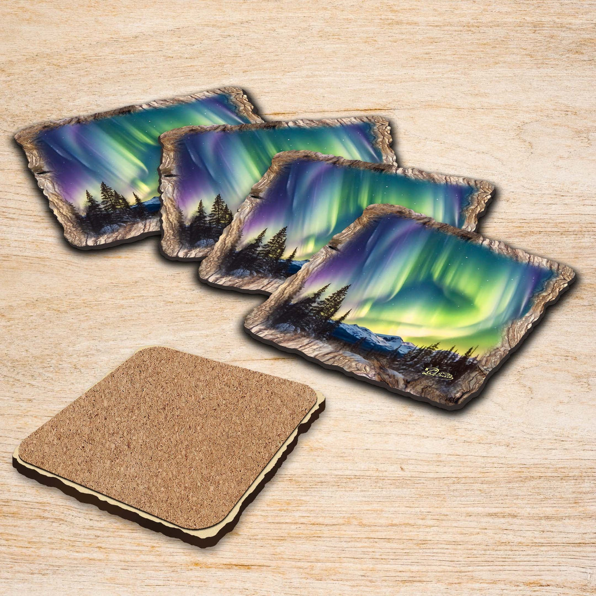 Northern Lights Wooden Cork Coasters Gift Set of 4 by Nature Wonders Nature Wildlife Decor - 95391C-S4