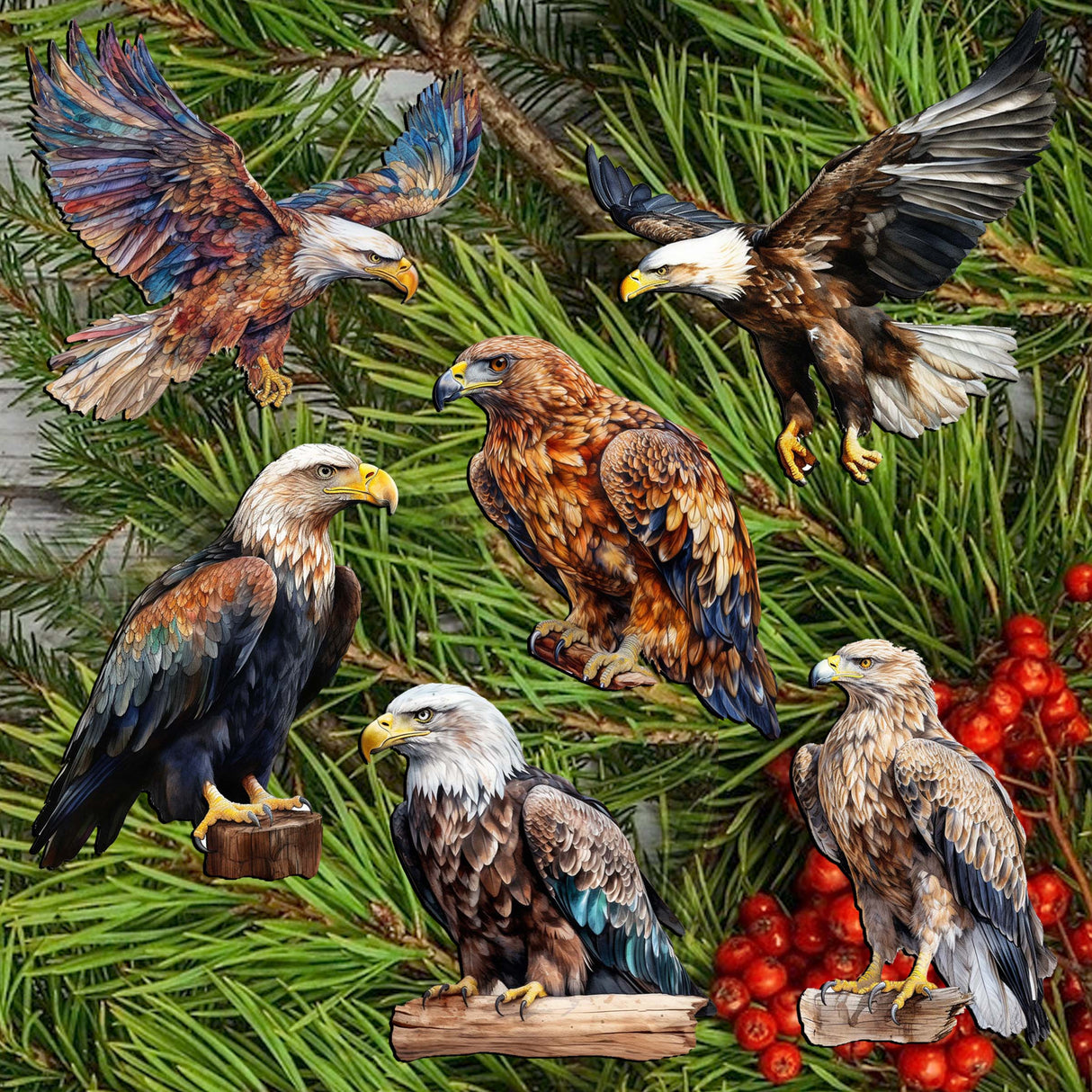 Eagle's Flight Decorative Wooden Clip-on Ornaments Set of 6 by G. Debrekht - Wildlife Decor - 8090101C-S6